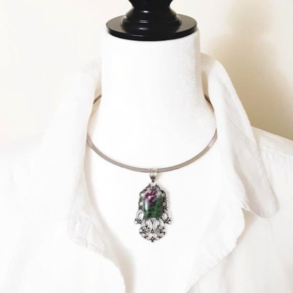 Ruby Zoisite (pd3) Pendant Natural Gems Green Purple Filigree Silver Art 2.5" L - Picture 2 of 10